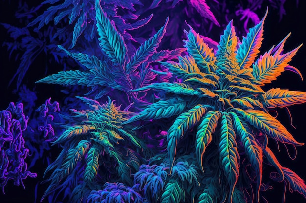 Sfondo fluorescente allucinogeno da piante di cannabis dai colori surreali