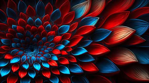 Sfondo fullframe del primo piano della rete neurale del fiore del petalo rosso e blu generato art