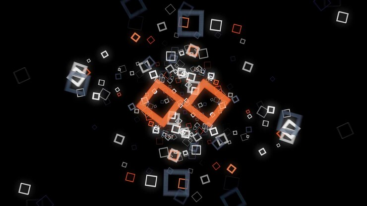 Foto sfondo futuristico di cornici quadrate al neon con animazione cubica su sfondo nero sparse