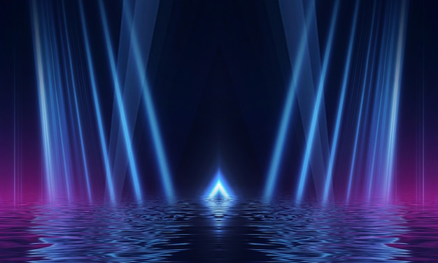 Sfondo futuristico scuro astratto I raggi di luce al neon blu si riflettono sull'acqua