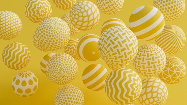 Sfondo giallo con palline. Illustrazione 3D, rendering 3D.