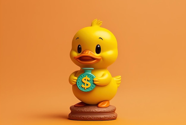 Sfondo giallo con una simpatica mascotte a forma di anatra dei cartoni animati che tiene in mano un salvadanaio e una moneta da un dollaro