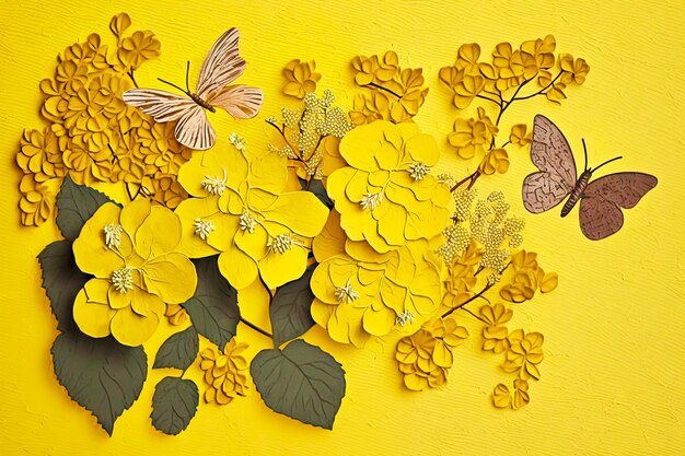 Sfondo giallo testurizzato con piccole farfalle e fiori in collage di carta patinata creato con gene