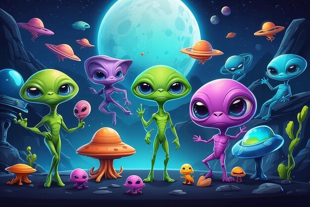 sfondo giorno UFO con copyspace collezione di alieni cartoni animati Cute banner commerciale Sala per la copia