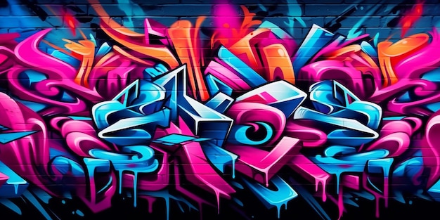 Sfondo graffiti ispirato alla strada digitale caratterizzato da una fusione di colori blu rosa e nero Generative Ai