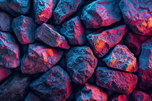Sfondo grigio scuro pietre e rocce in colorati colori al neon