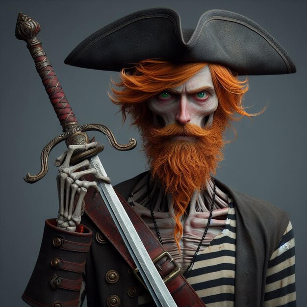 sfondo grigio un pirata molto sottile con la sua spada suprema occhi verdi brillanti capelli arancione sottili