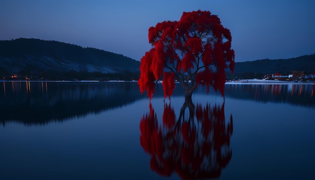 Sfondo HD Albero rosso sereno sull'isola in mezzo a cieli nebbiosi