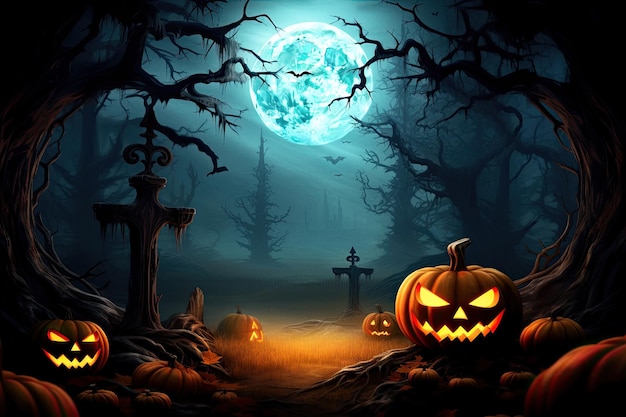 Sfondo horror Halloween con valle autunnale con zucche di bosco e spazio ragnatela per il testo
