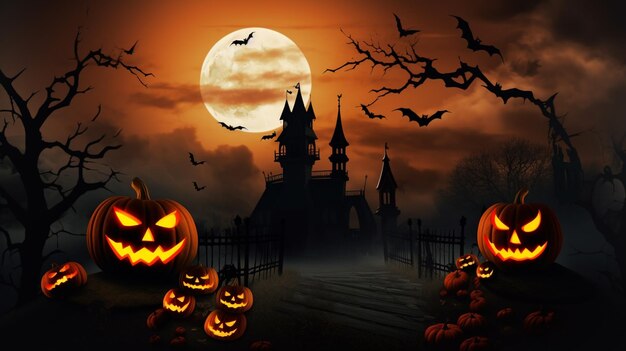 Sfondo horror scena di Halloween con zucche raccapriccianti di spettrale villa stregata di Halloween Casa malvagia di notte con la luna piena AI generativa