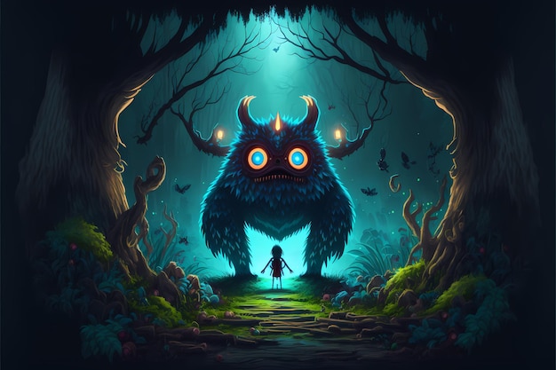 Sfondo Illustrazione della foresta mistica del mostro, paesaggio in stile cartone animato, per lo sviluppo del gioco