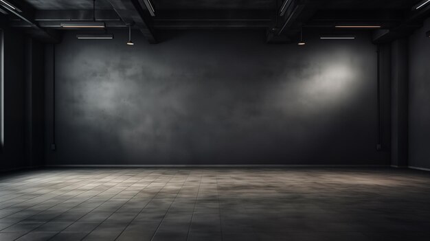 sfondo in gradiente grigio scuro proiettore sulla stanza vuota dello studio parete vuota di cemento astratta scura e stanza dello studio con fumo che galleggia la consistenza interna per la visualizzazione di prodotti sfondo della parete