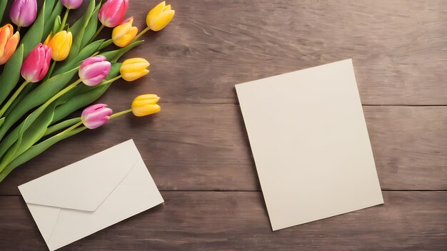 sfondo in legno con fiori di tulipano con biglietto di carta spazio vuoto per il messaggio di saluto amore e saluto concetto di progettazione AI immagine generata ai