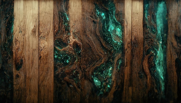 Sfondo in legno e resina epossidica verde Illustrazione 3D del vecchio albero