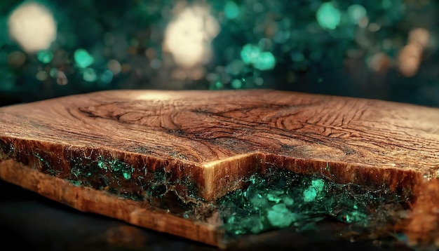 Sfondo in legno e resina epossidica verde Illustrazione 3D del vecchio albero