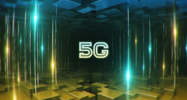 Sfondo in stile blu arancione Sistema wireless di rete 5G e Internet