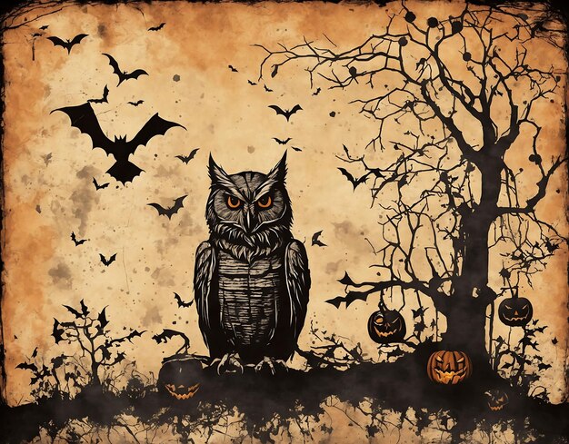 sfondo in stile grunge Halloween con pipistrelli jack o lanterna e gufo