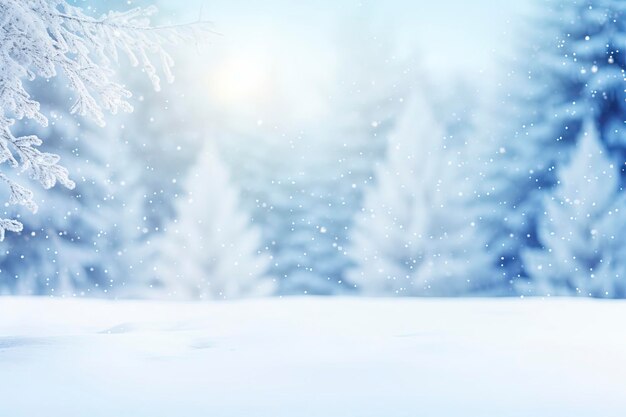 sfondo innevato invernale e natalizio con cumuli di neve e foresta sfocata innevata in inverno freddo