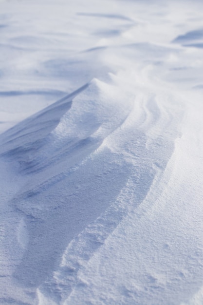 Sfondo innevato, superficie innevata della terra dopo una bufera di neve al mattino alla luce del sole con distinti strati di neve