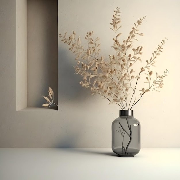 Sfondo interno della stanza con parete in stucco beige e vaso di vetro con rendering 3d ramo