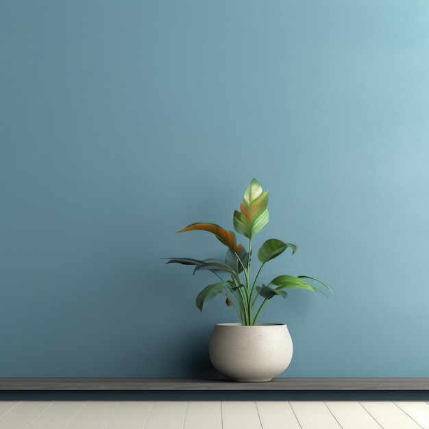 Sfondo interno moderno della stanza con parete in stucco blu con spazio per la copia Vaso con pianta 3d