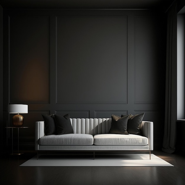 Sfondo interno scuro e semplice soggiorno con finestra divano grigia e parete nera IA generativa
