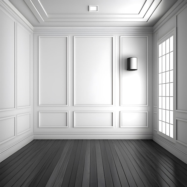 Sfondo interno stanza vuota, parete pannellatura bianca, decorazioni per la casa sopra la parete di assi di legno. Tessere r