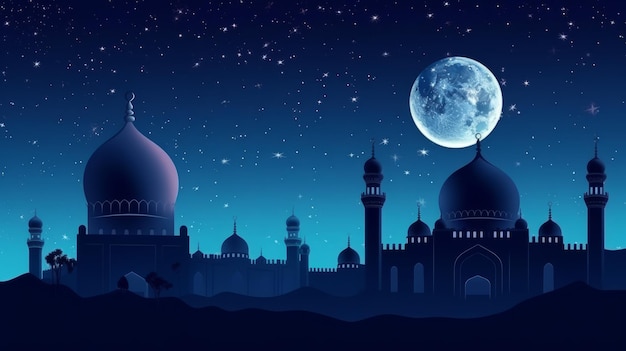 Sfondo islamico bellissima moschea e vista del cielo notturno IA generativa