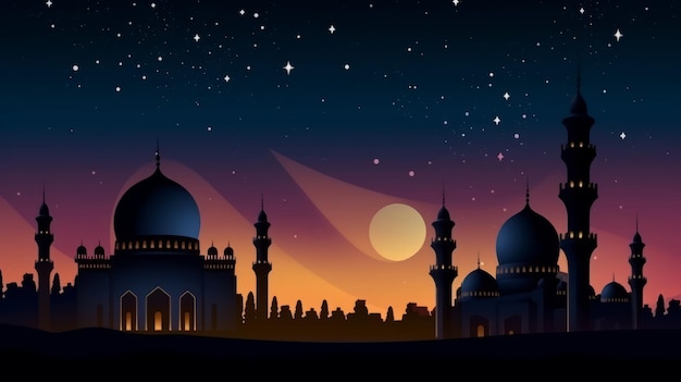 Sfondo islamico bellissima moschea e vista del cielo notturno IA generativa