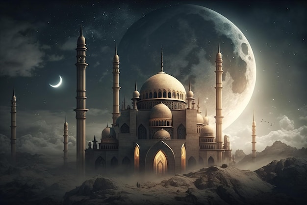 Sfondo islamico con il deserto della Via Lattea della moschea e gli elementi lunari IA generativa
