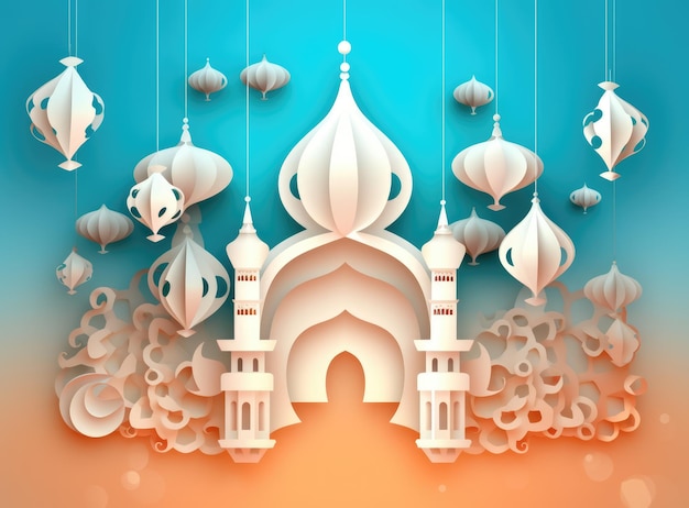 Sfondo islamico Eid Mubarak Ramadan Kareem moschea luna lanterna Carta stile arte Ai generato