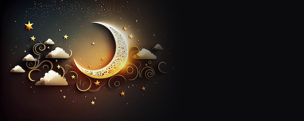 sfondo islamico falce di luna e sfondo di nuvole e spazio vuoto per la progettazione del testo