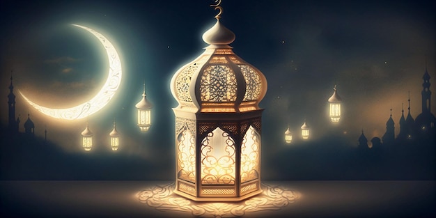 sfondo islamico in stile di pittura digitale con lanterna luminosa creato con IA generativa
