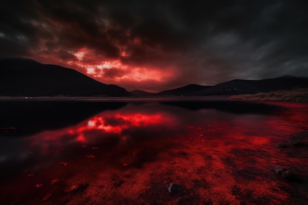 sfondo lago scuro con cielo rosso