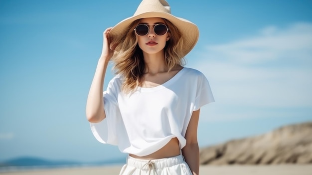 Sfondo mare minimalista con ragazza in abbigliamento bianco moda