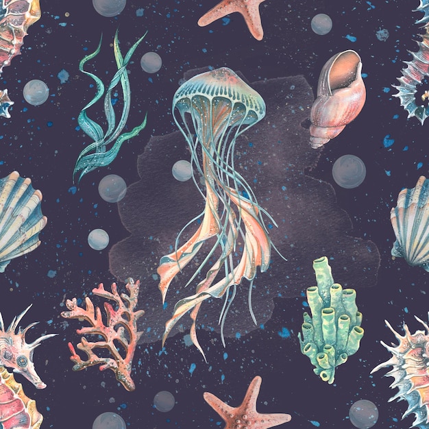 Sfondo marino con meduse disegnate a mano e abitanti marini