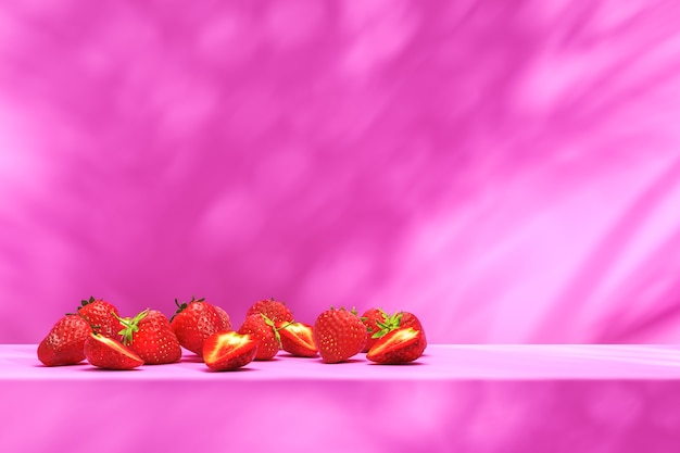 Sfondo minimalista per la presentazione del concetto di cibo, fragola sul podio rosa e ombrellone sul muro. rendering 3d