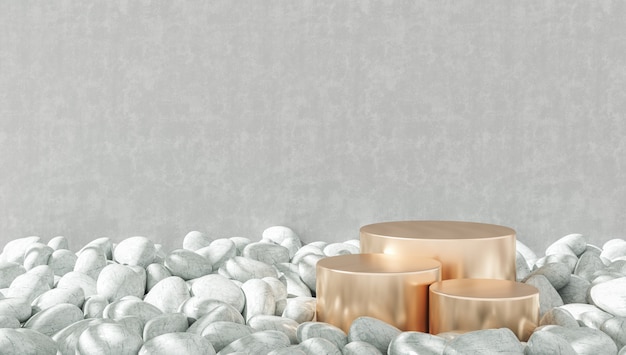 Sfondo minimalista per la presentazione del prodotto, tre podi in oro champagne su ghiaie bianche, sfondo grigio muro di cemento. rendering 3d