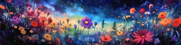 Sfondo misterioso di fiori bianchi nel cielo notturno Illustrazione ad acquerello