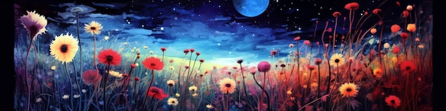 Sfondo misterioso di fiori bianchi nel cielo notturno Illustrazione ad acquerello