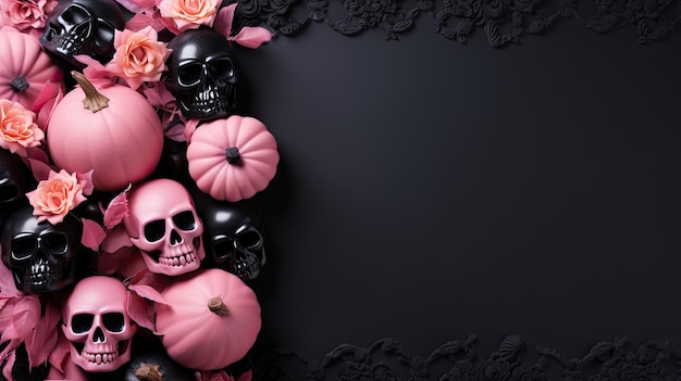 Sfondo modello Halloween colore rosa nero con zucche e teschi in stile 3d