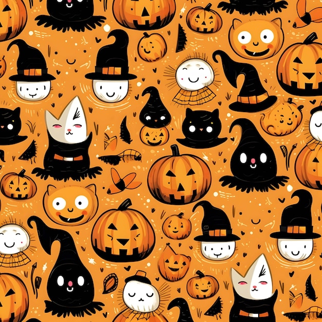 sfondo modello Halloween zucca con un gatto sopra e una zucca in alto