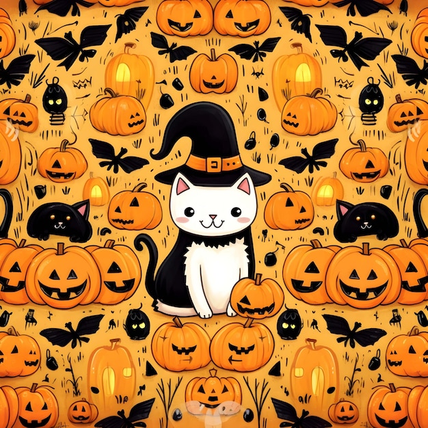 sfondo modello Halloween zucca con un gatto sopra e una zucca in alto