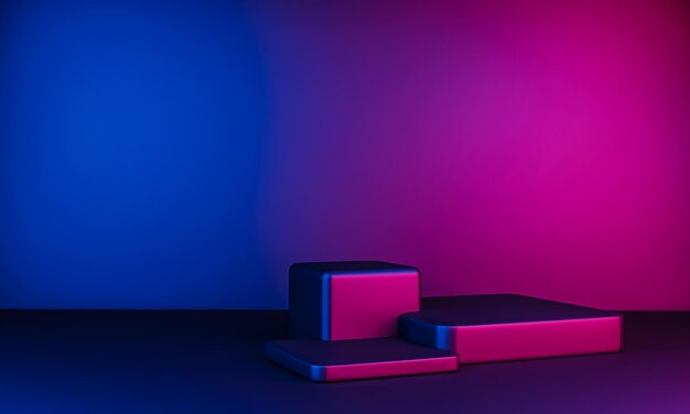Sfondo moderno astratto per il design in colori al neon luminosi rosa e blu con podio