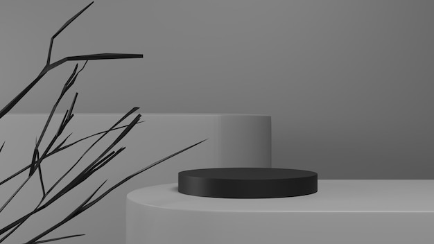 sfondo monocromatico grigio con piedistallo nero o mockup del podio, piattaforma vuota per la vetrina del prodotto