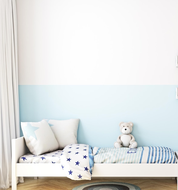 Sfondo muro bianco in camera neonato in stile boho blu