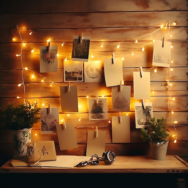 Sfondo Muro in cartone di sughero con luci di fata e foto Polaroid Materiali popolari creativi giocosi