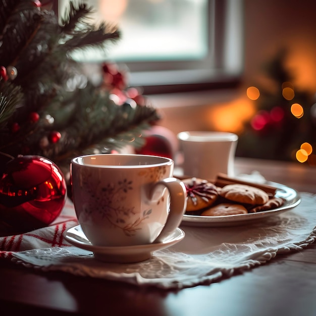 Sfondo Natale Colazione e decorazioni di Natale Tazza di caffè