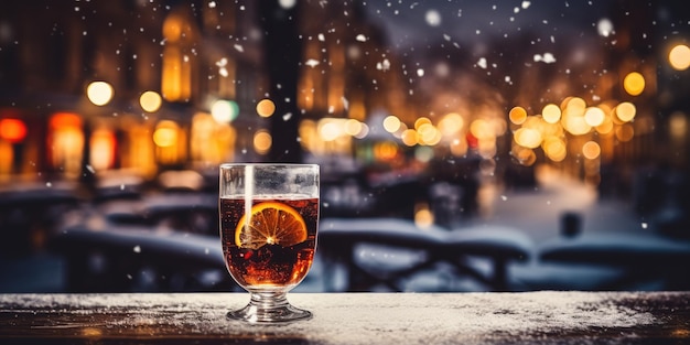 Sfondo Natale vin brulè sulla neve Fondo in legno per testo o prodotto AI generativa