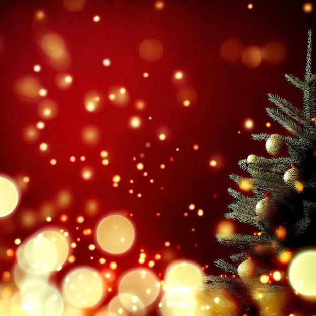 Sfondo natalizio con albero di Natale e luci bokeh scintillanti su sfondo di tela rossa Buon Natale